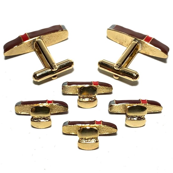 Gold and Enamel Cigar Cufflinks Stud Set - Picture 2 of 3